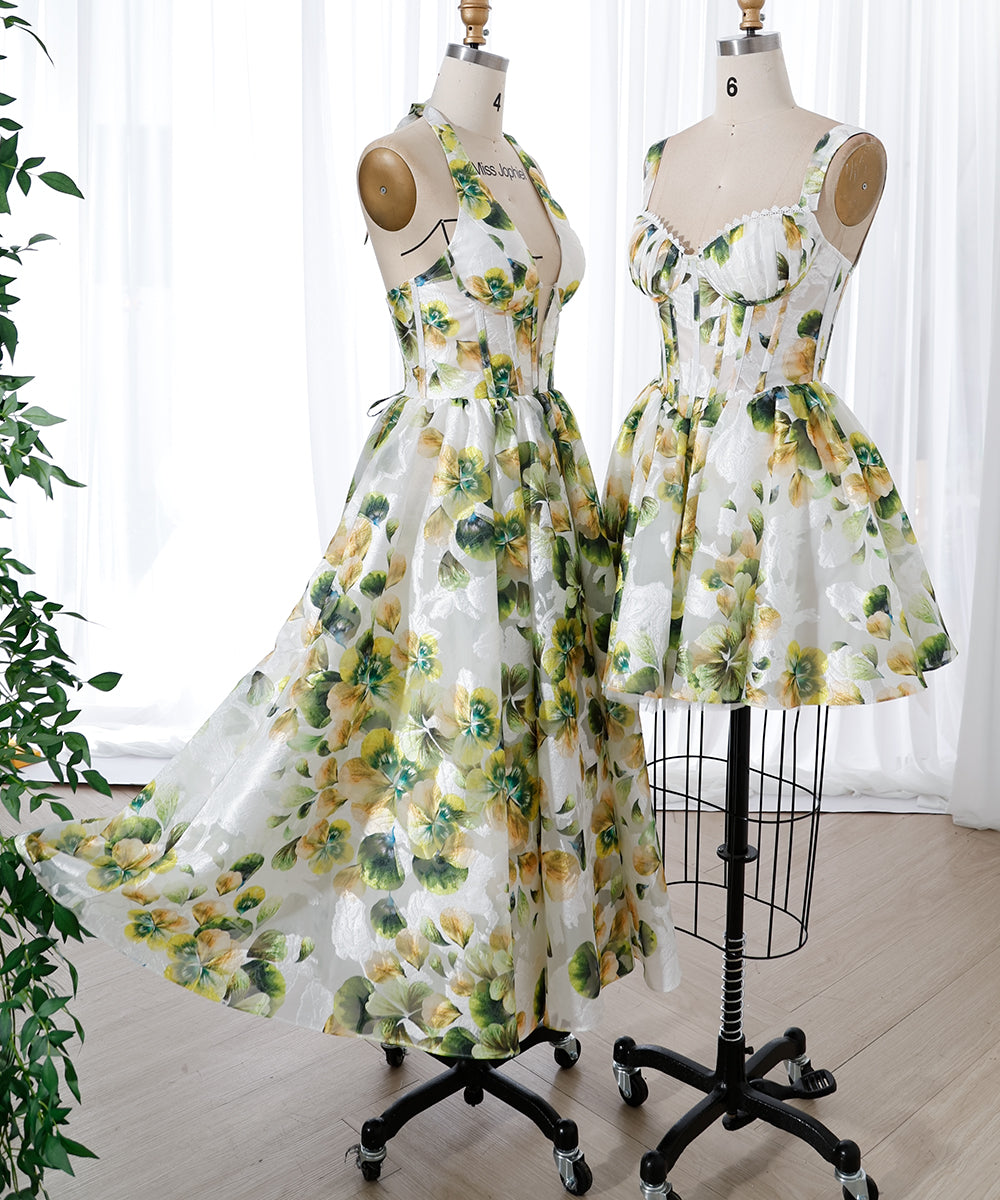 Corset Halter V Neck Green Floral Print Midi Dress