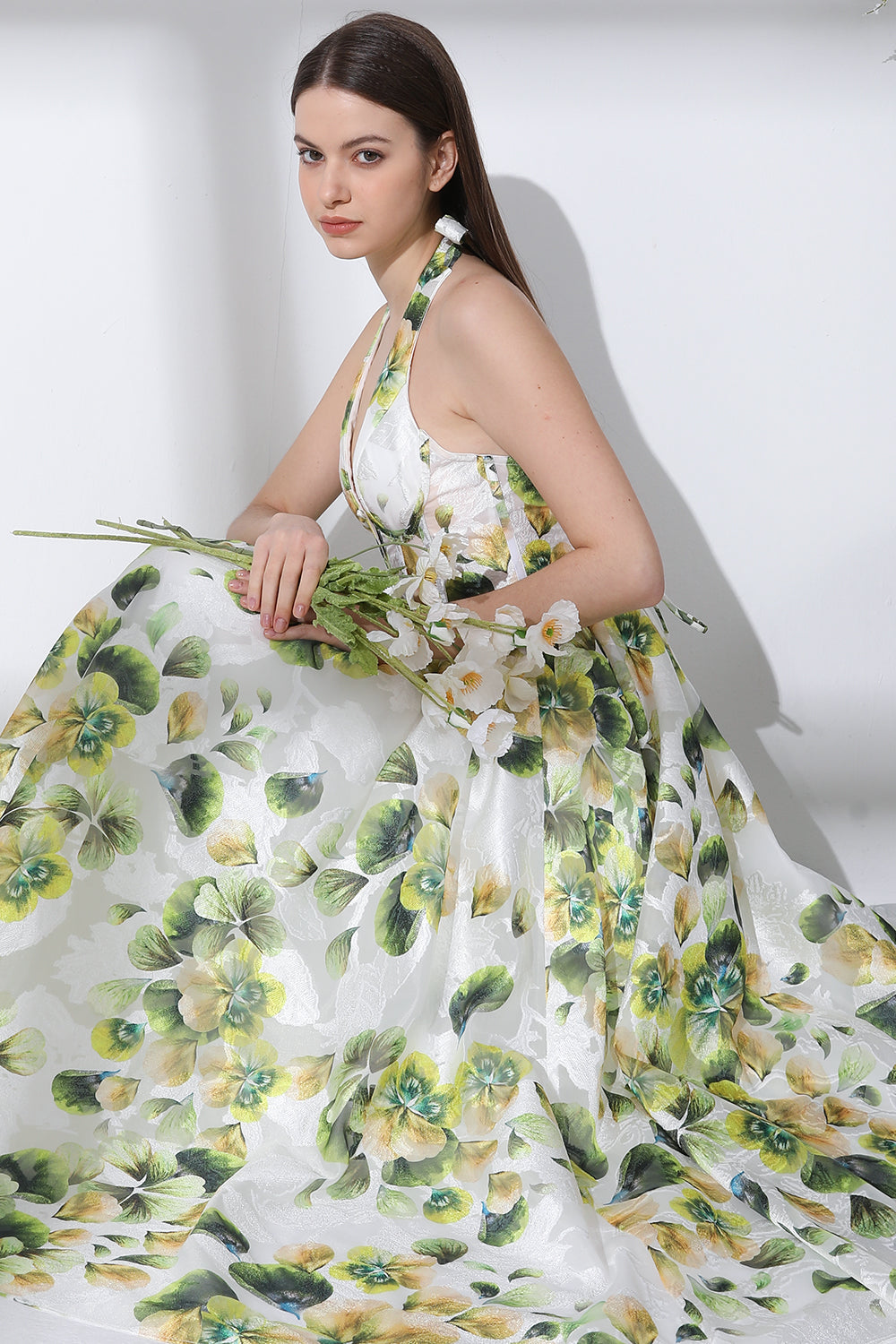 MissJophiel Corset Halter V Neck Green Floral Print Midi Dress Green Print / Above Knee / Custom Size / Plus Size MissJophiel Corset Halter V Neck Green Floral Print Midi Dress Green Print / Above Knee / Custom Size / Plus Size
