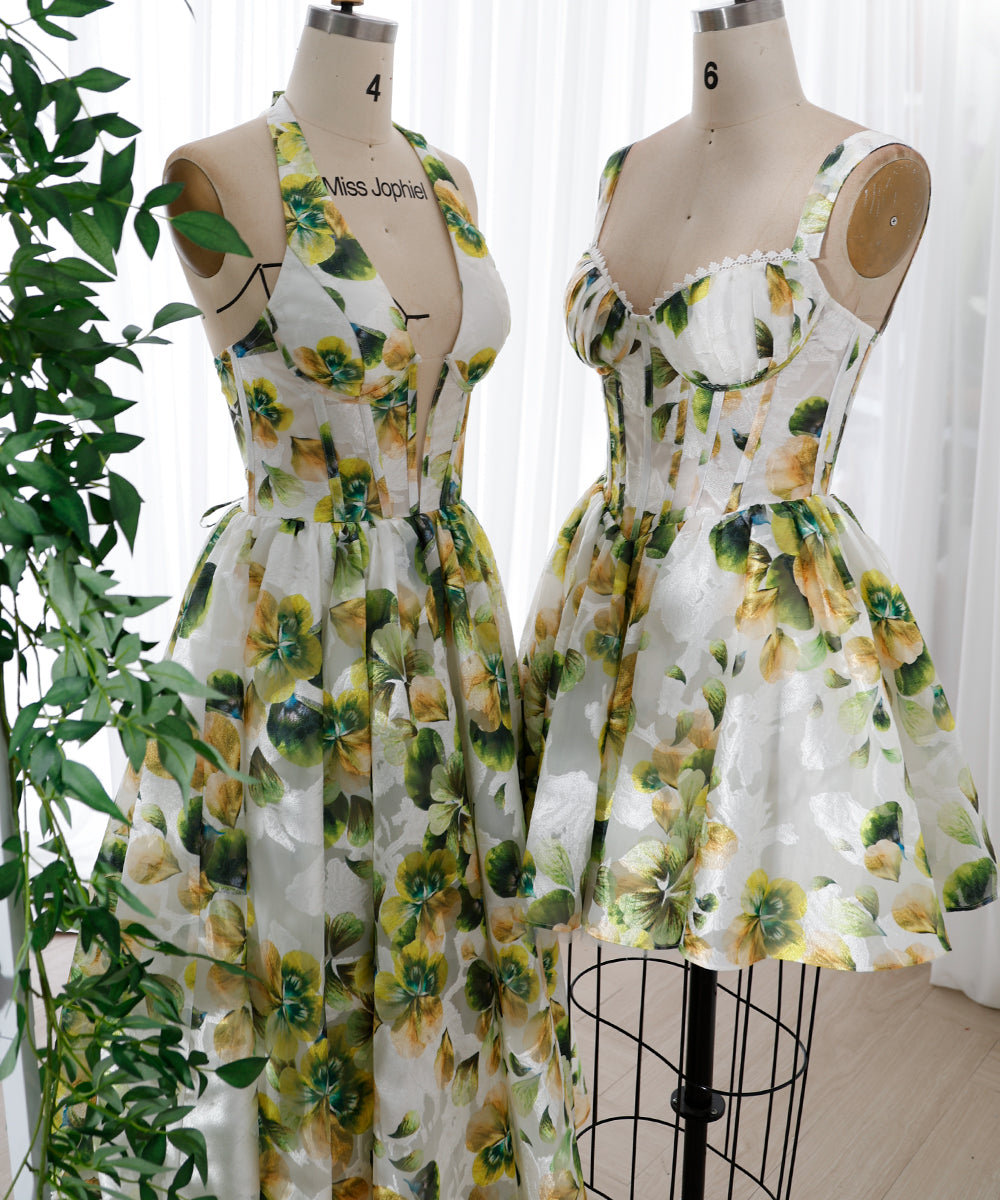 Corset Halter V Neck Green Floral Print Midi Dress