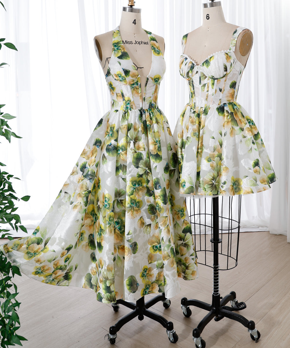 Corset Halter V Neck Green Floral Print Midi Dress