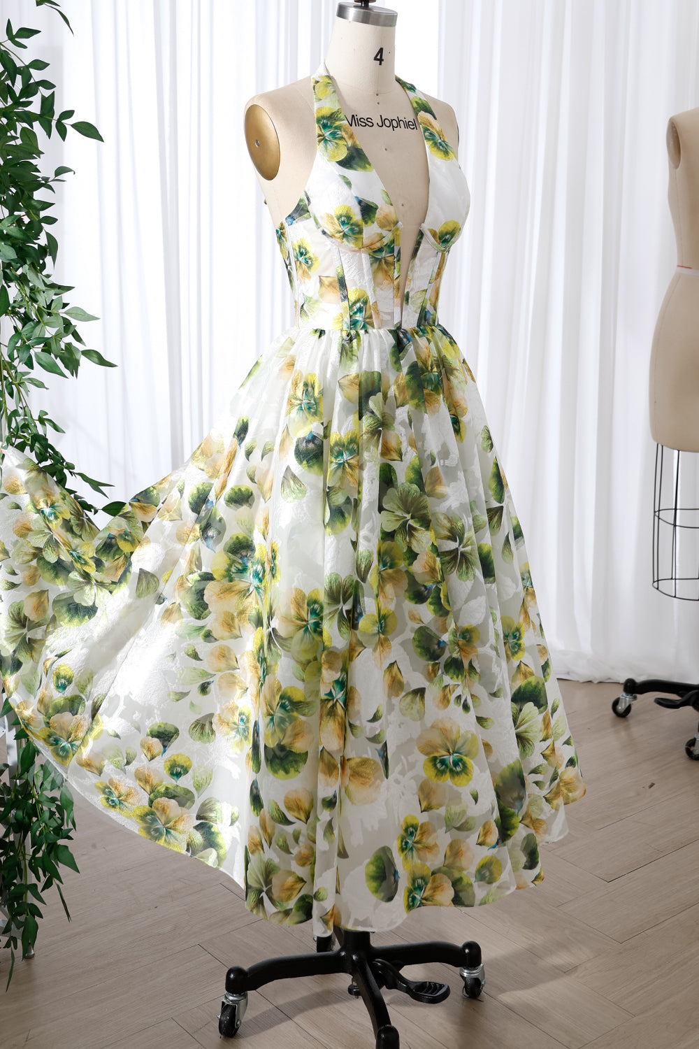 MissJophiel Corset Halter V Neck Green Floral Print Midi Dress