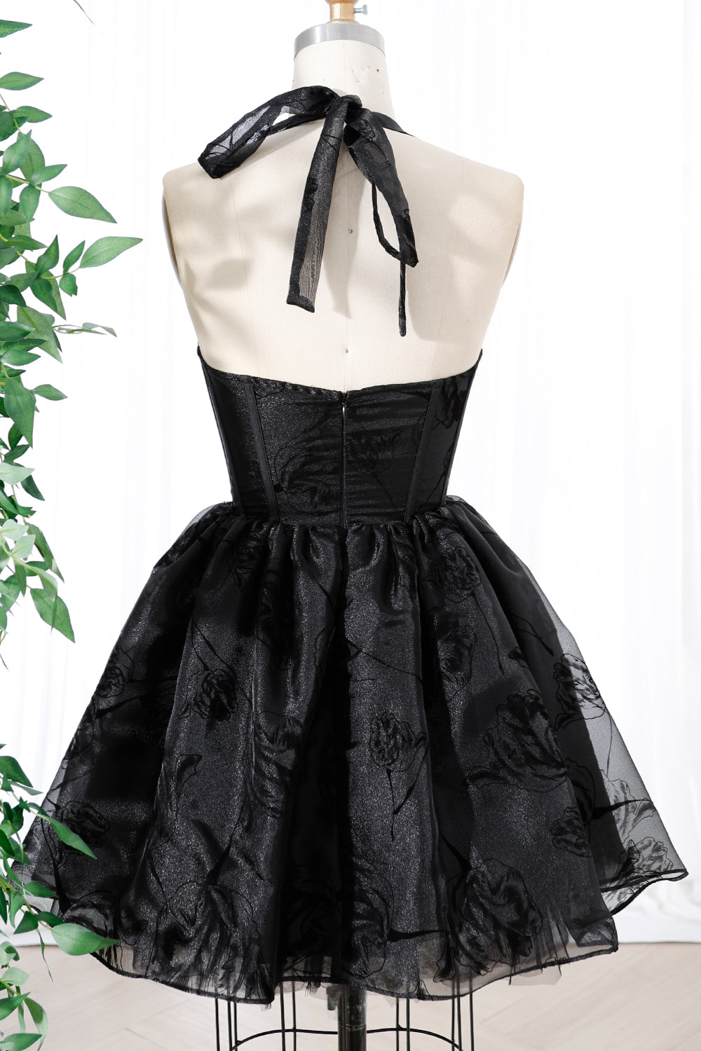 MissJophiel Corset Halter V Neck Black Floral Organza Mini Dress