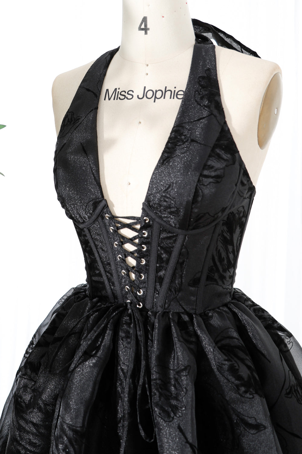 Corset Halter V Neck Black Floral Organza Mini Dress