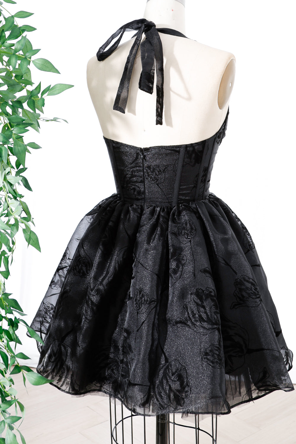 Corset Halter V Neck Black Floral Organza Mini Dress