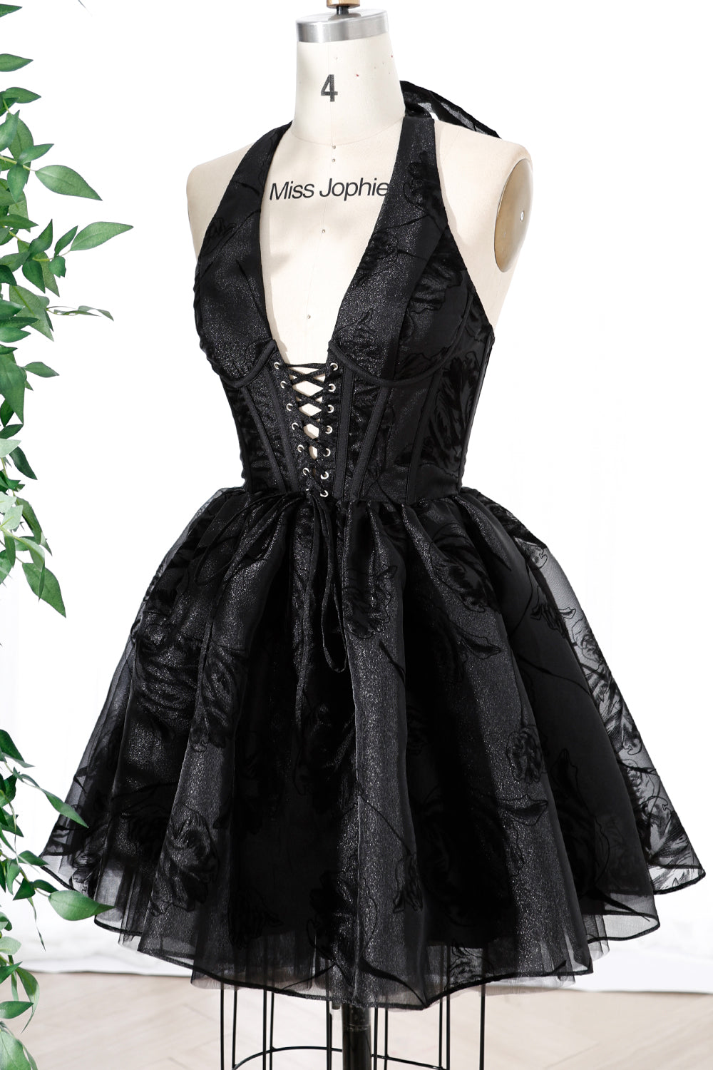 MissJophiel Corset Halter V Neck Black Floral Organza Mini Dress