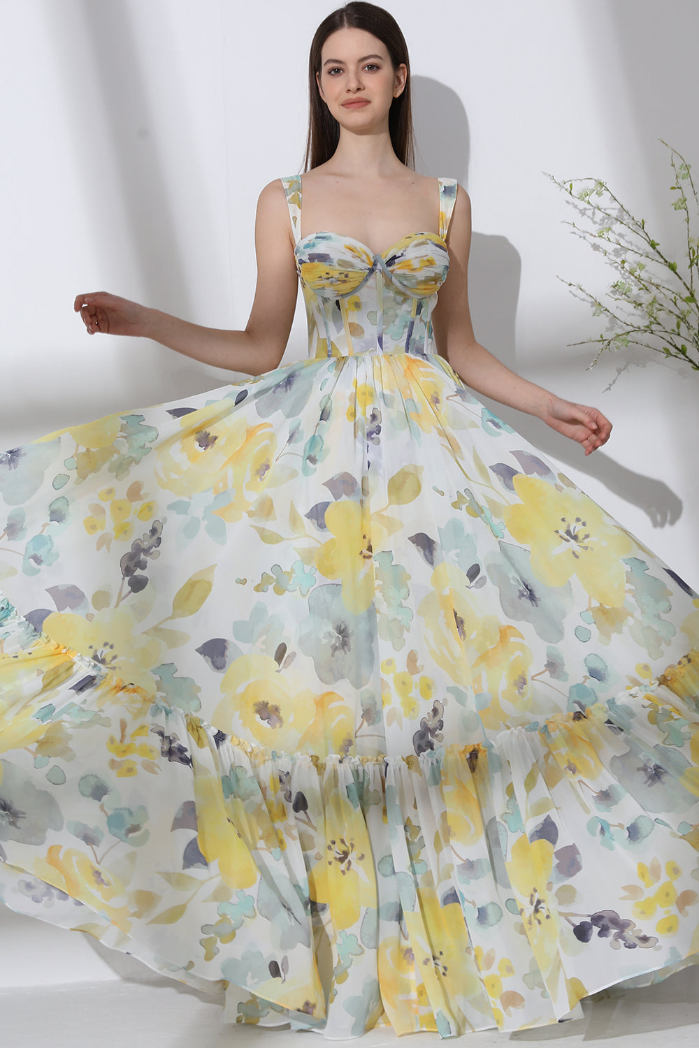 MissJophiel Corset Print Chiffon Long Tiered Dress with Removable Straps