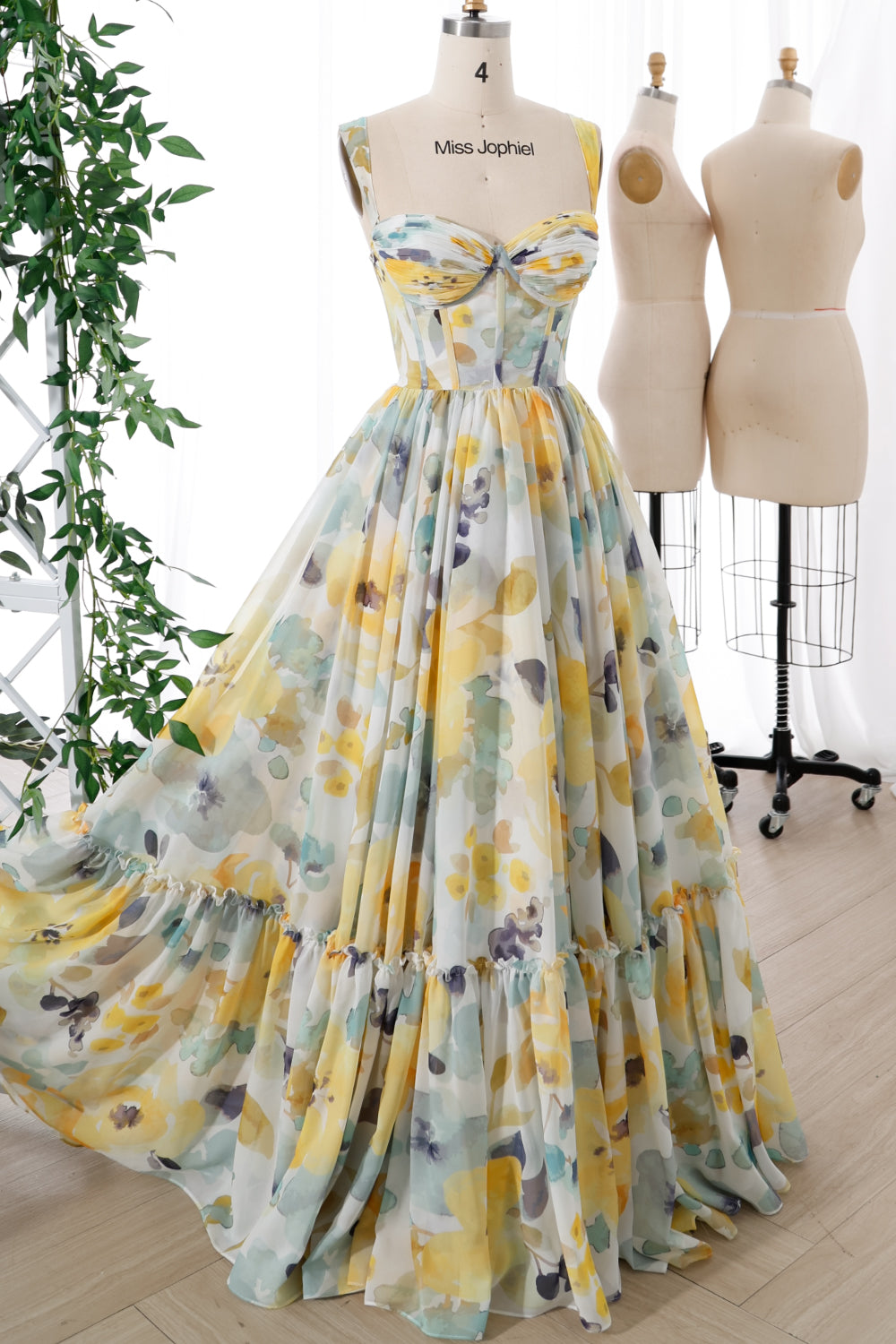 MissJophiel Corset Print Chiffon Long Tiered Dress with Removable Straps