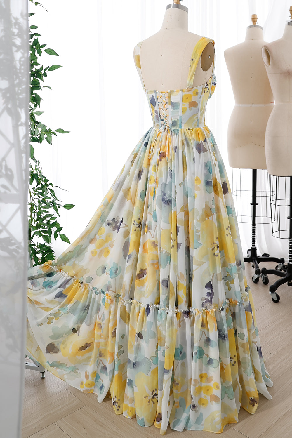 Corset Print Chiffon Long Tiered Dress with Removable Straps