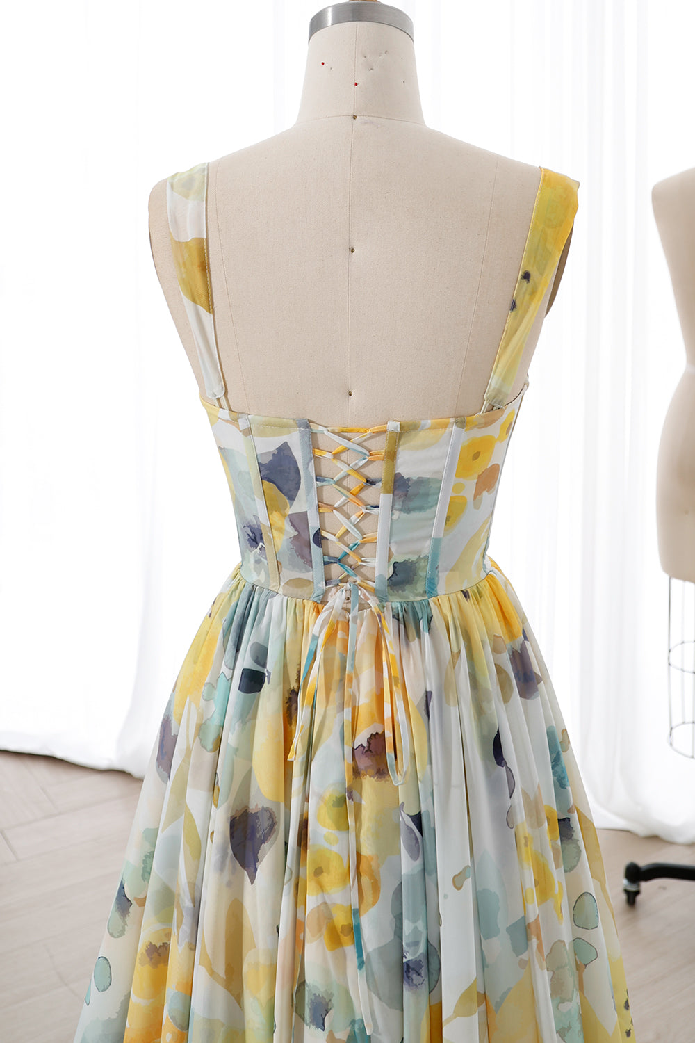 Corset Print Chiffon Long Tiered Dress with Removable Straps