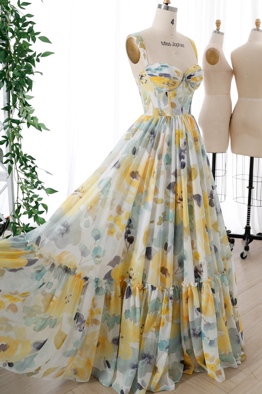 Corset Print Chiffon Long Tiered Dress with Removable Straps