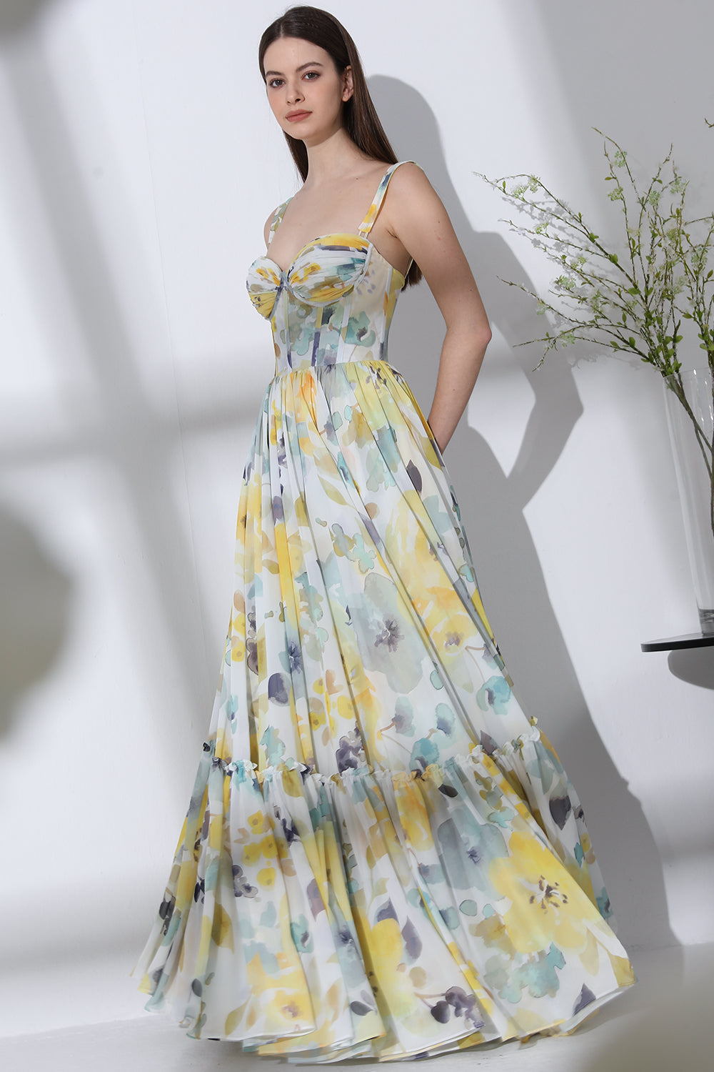 MissJophiel Corset Print Chiffon Long Tiered Dress with Removable Straps