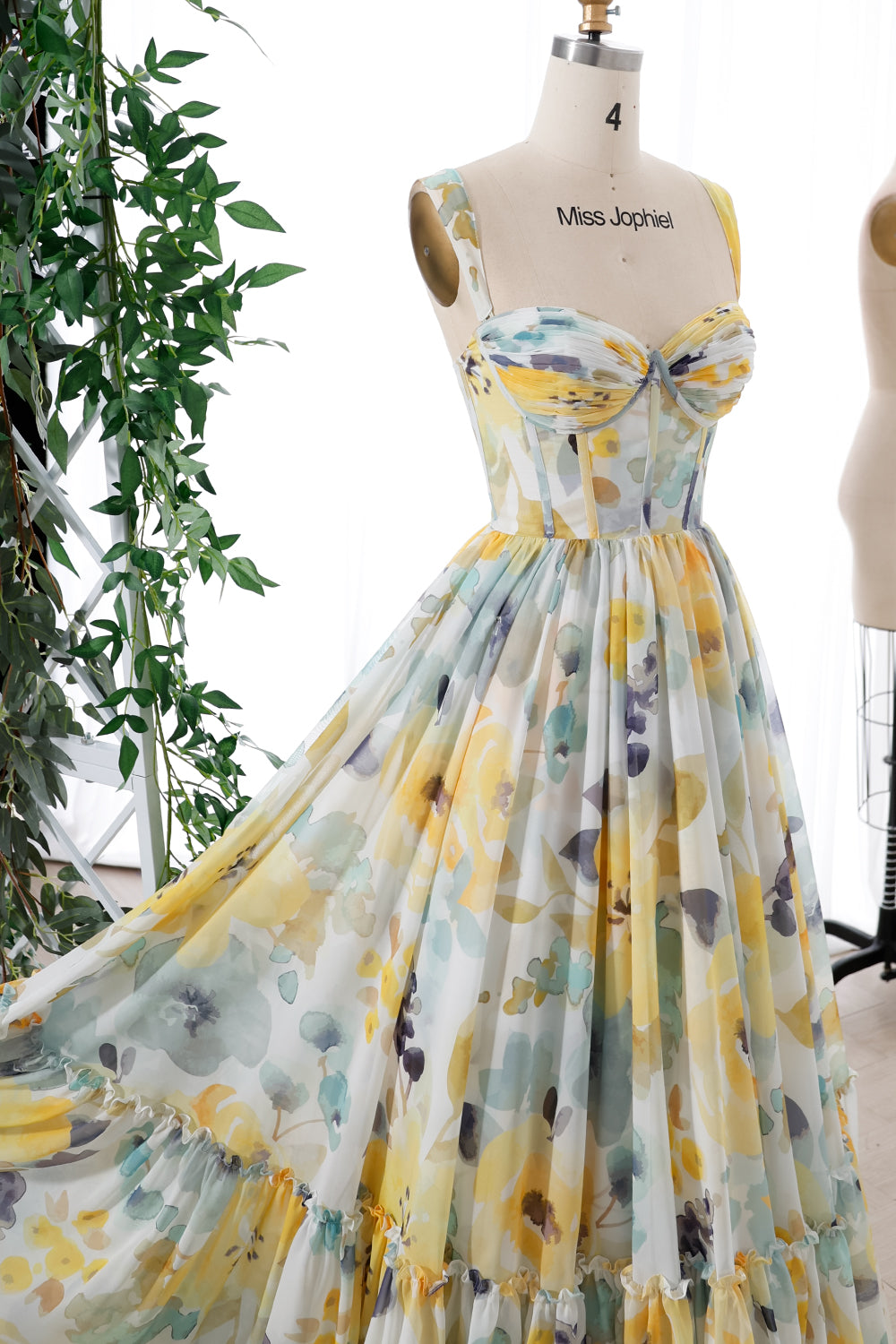 MissJophiel Corset Print Chiffon Long Tiered Dress with Removable Straps