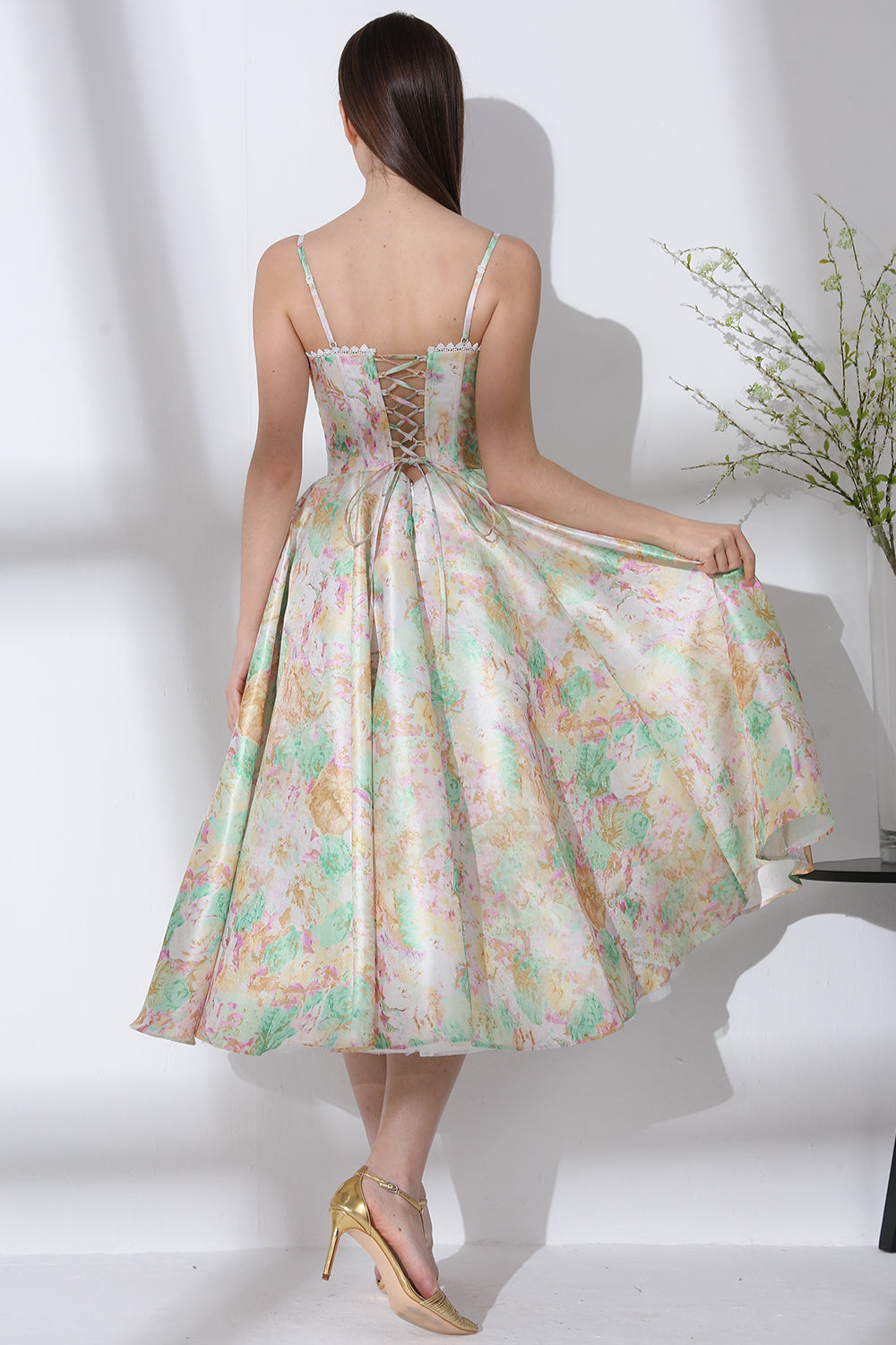 MissJophiel Corset Straps Floral Print Satin Midi Dress