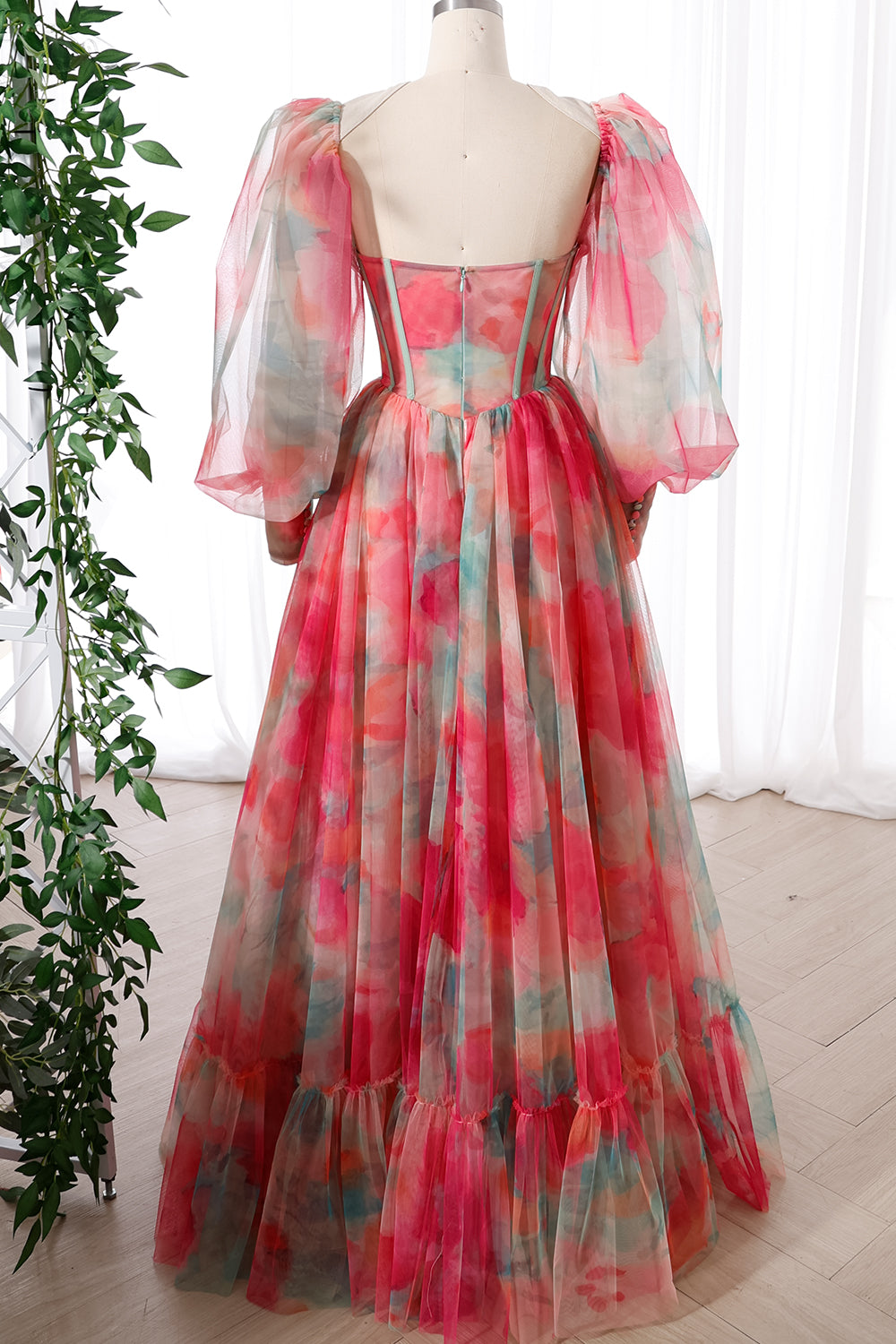 MissJophiel Corset Floral Print Tulle Long Dress with Slit and Puffy Sleeves