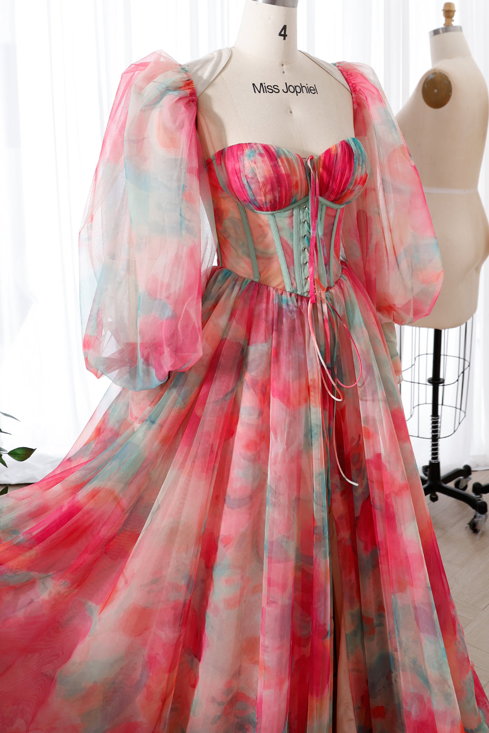 Corset Floral Print Tulle Long Dress with Slit and Puffy Sleeves