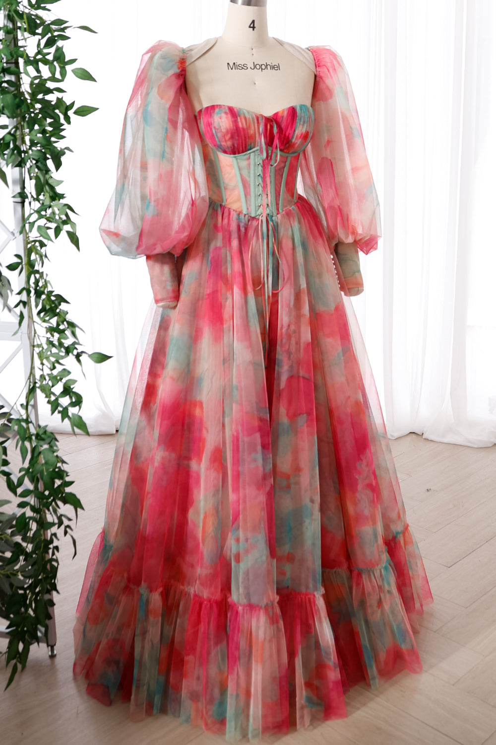 MissJophiel Corset Floral Print Tulle Long Dress with Slit and Puffy Sleeves