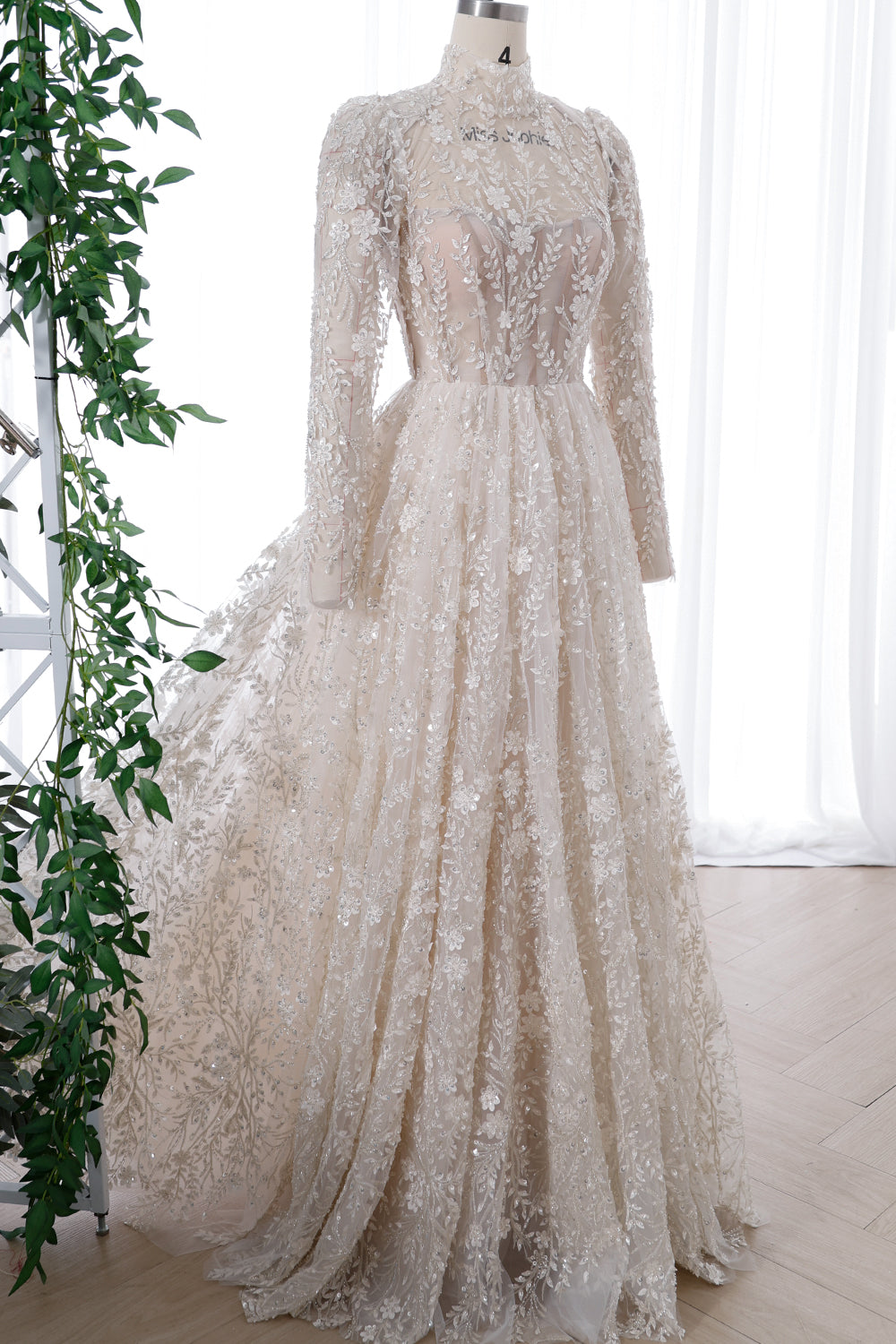 MissJophiel Corset Long Sleeves High Neck Floral Beaded Dress Ivory/Nude / Tea Length / US2 MissJophiel Corset Long Sleeves High Neck Floral Beaded Dress Ivory/Nude / Tea Length / US2