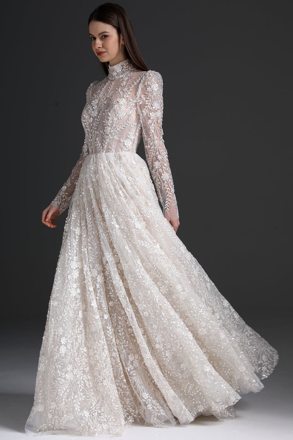 MissJophiel Corset Long Sleeves High Neck Floral Beaded Dress Ivory/Nude / Tea Length / US2 MissJophiel Corset Long Sleeves High Neck Floral Beaded Dress Ivory/Nude / Tea Length / US2
