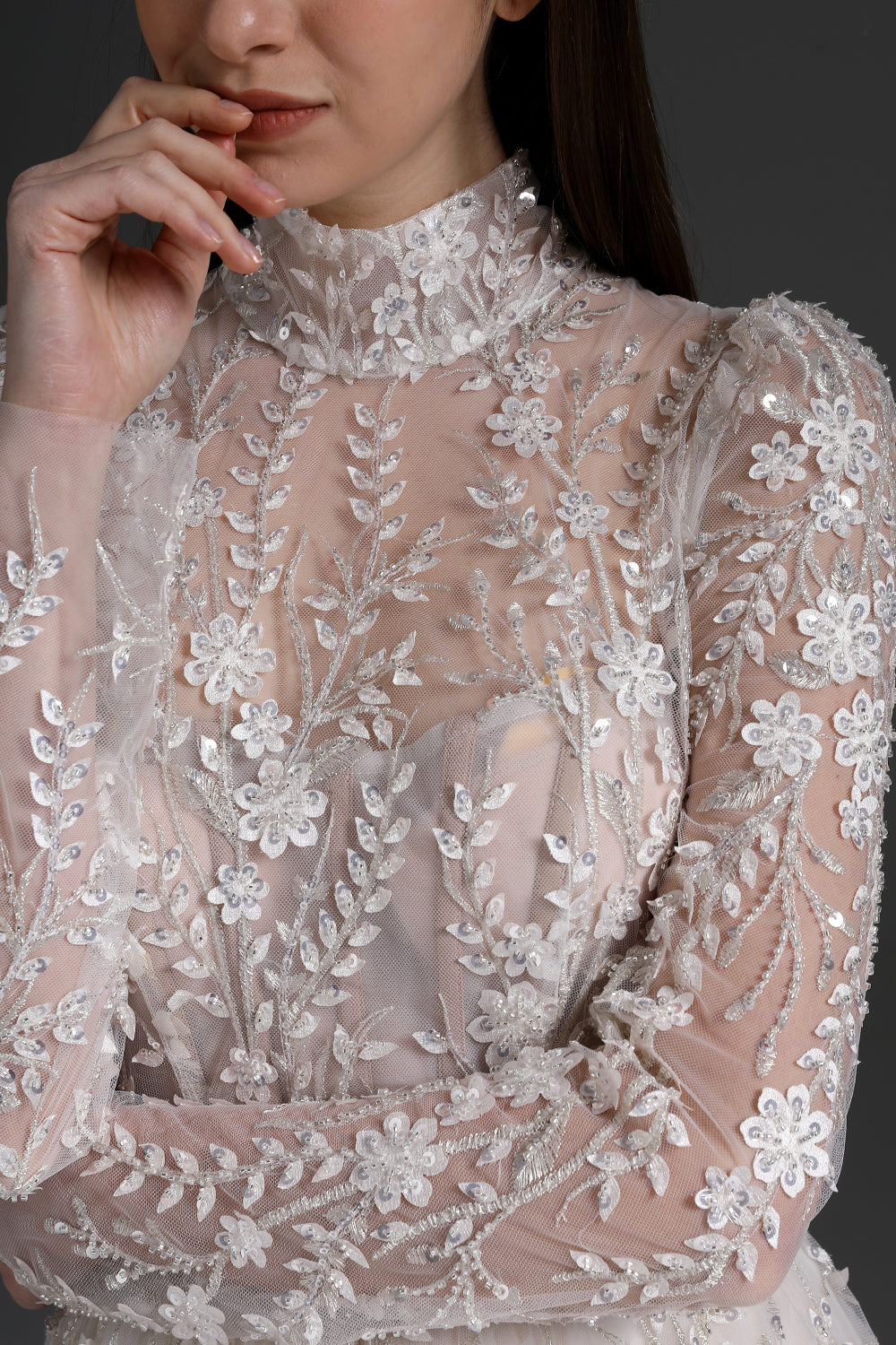 MissJophiel Corset Long Sleeves High Neck Floral Beaded Dress Ivory/Nude / Tea Length / US2