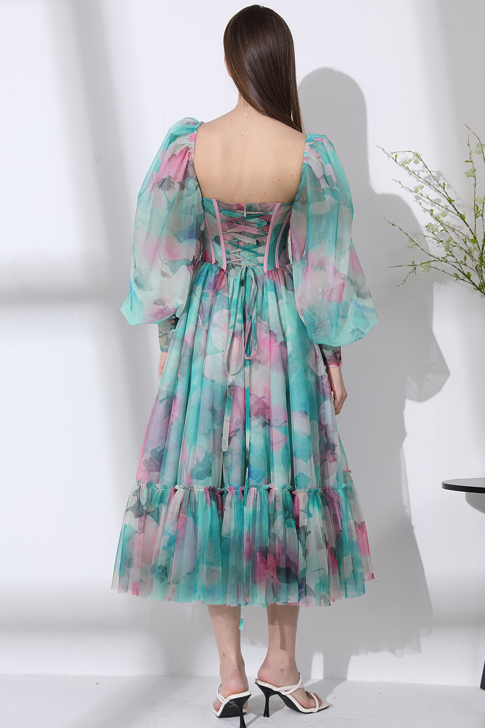 MissJophiel Corset Long Sleeves Watercolor Print Tulle Midi Prom Homecoming Dress