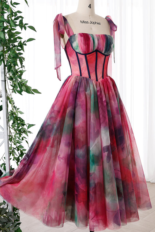 MissJophiel Corset Watercolor Print Tulle Dress with Tie Straps