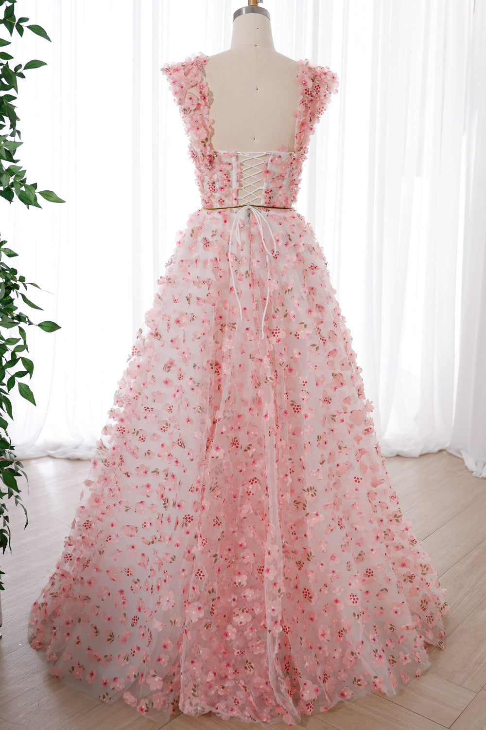 Korsettkleid mit 3D-Blumenmuster in Rosa und Elfenbein mit abnehmbaren Trägern