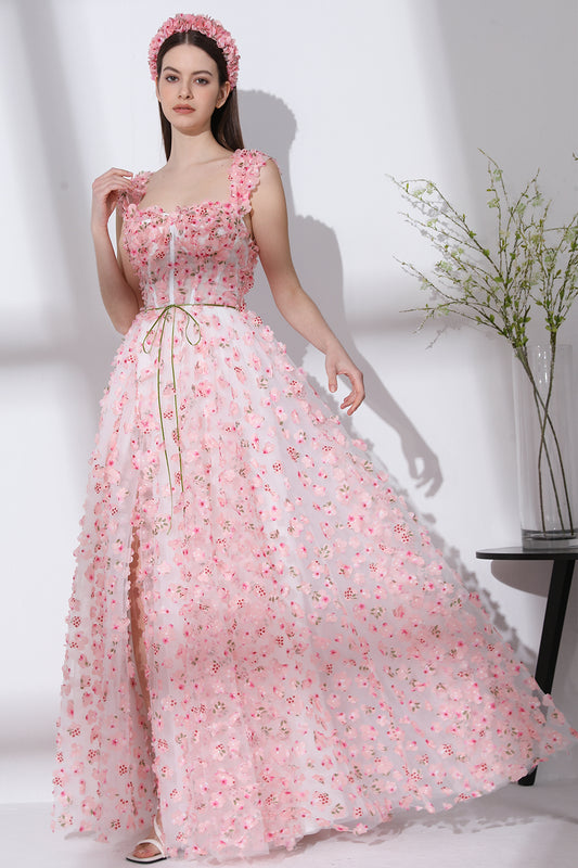 Corset 3D Floral Pink Ivory Dress with Removable Straps