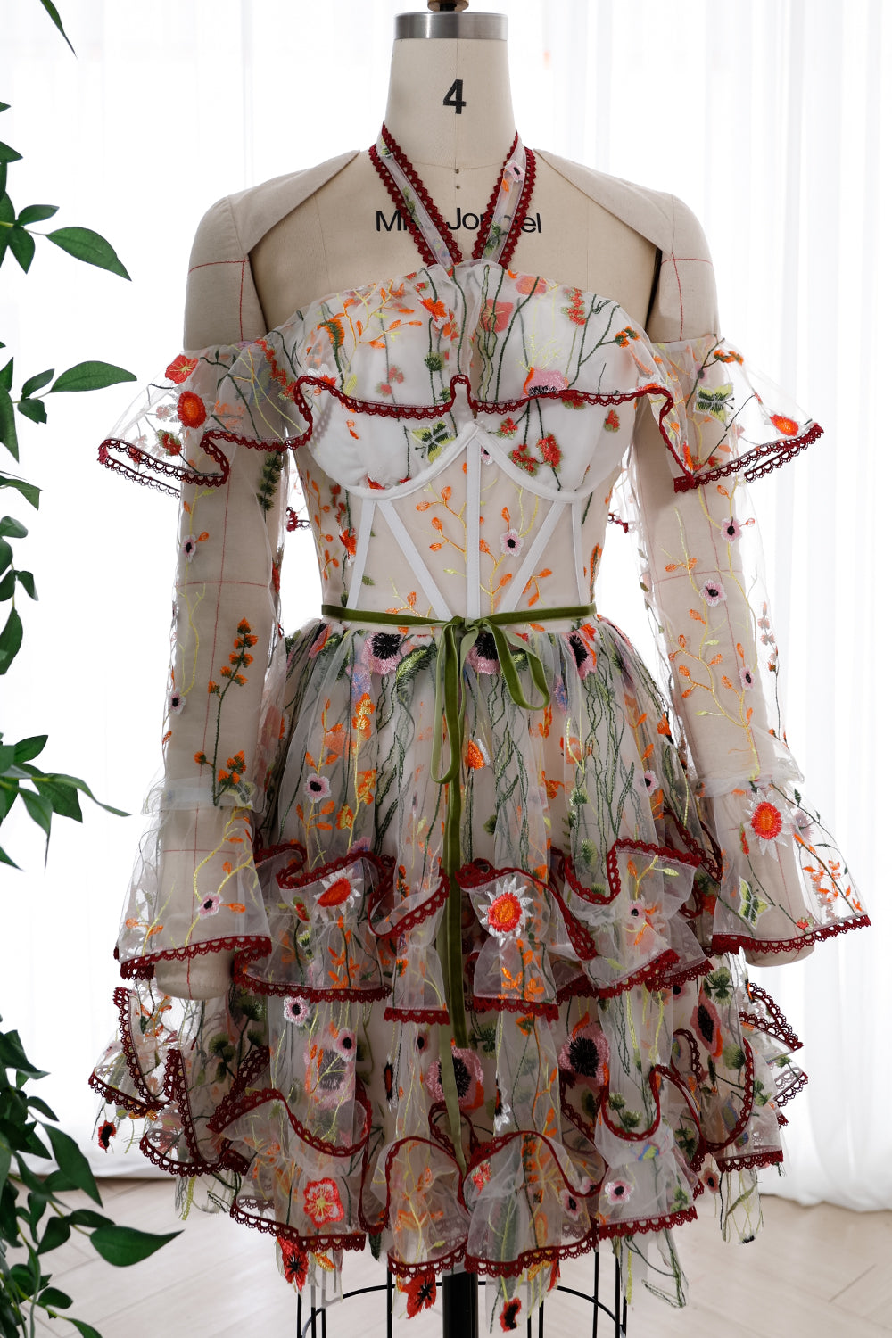 MissJophiel Halter Corset Floral Embroidery Mini Tiered Dress