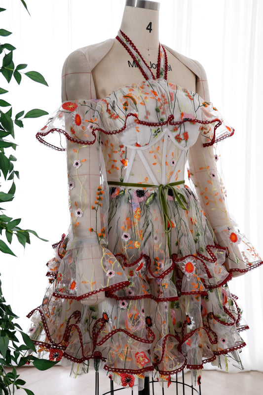 MissJophiel Halter Corset Floral Embroidery Mini Tiered Dress