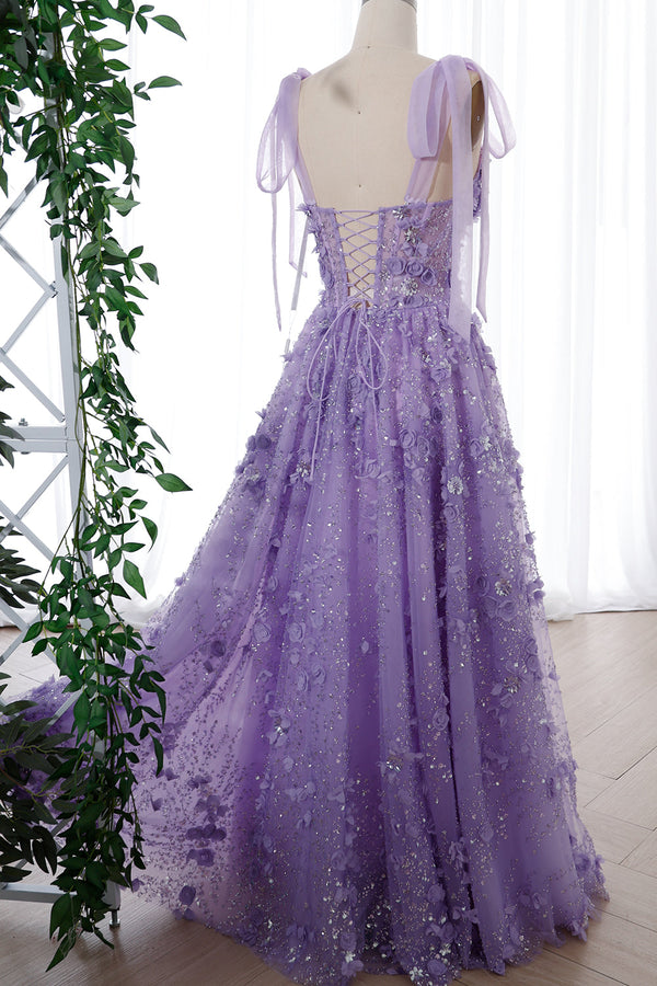 Straps Scoop Neck Corset 3D Floral Beaded Dress