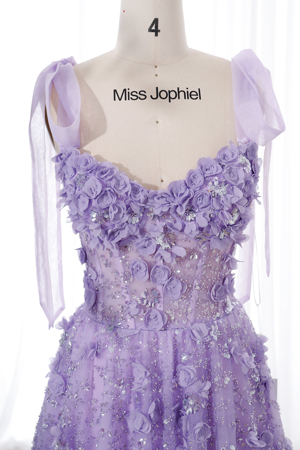 MissJophiel V Neck Corset 3D Floral Beaded Dress with Removable Tie Straps
