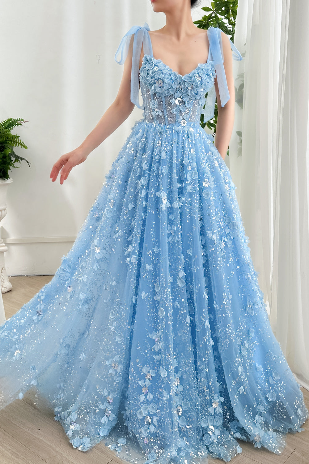 MissJophiel V Neck Corset 3D Floral Beaded Prom Homecoming Dress with Removable Tie Straps Wedding Guest Formal Evening Gown Lavender / Tea Length