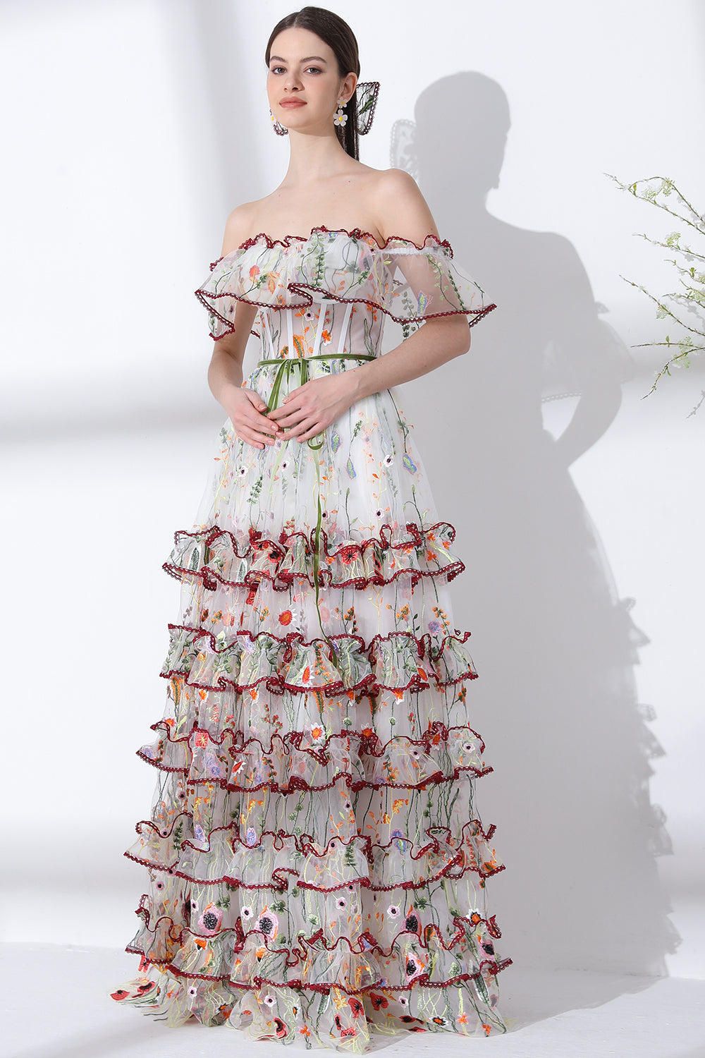 MissJophiel Off the Shoulder Corset Floral Embroidery Tiered Dress Ivory Floral / Tea Length / US2