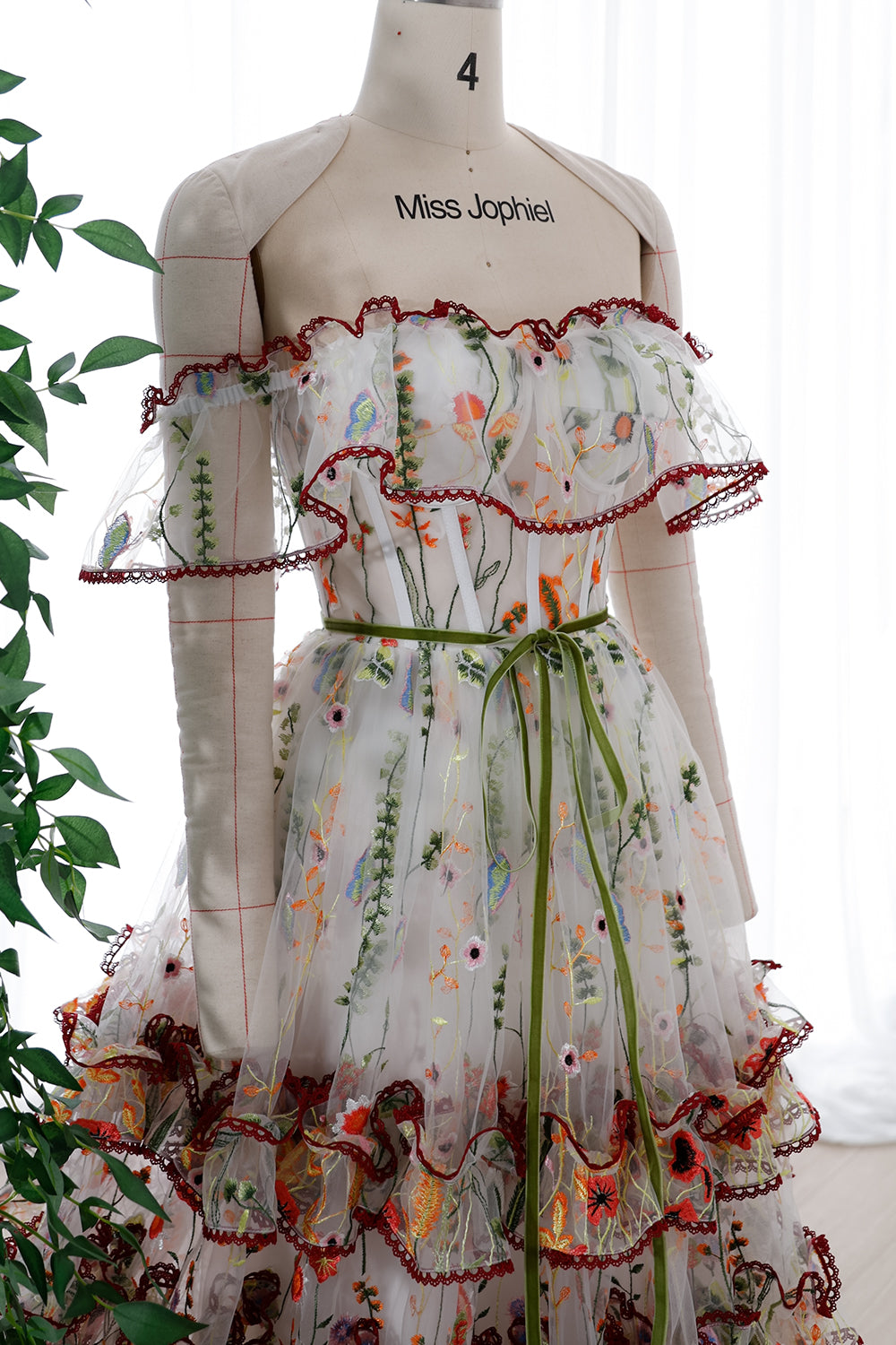 Off the Shoulder Corset Floral Embroidery Tiered Dress