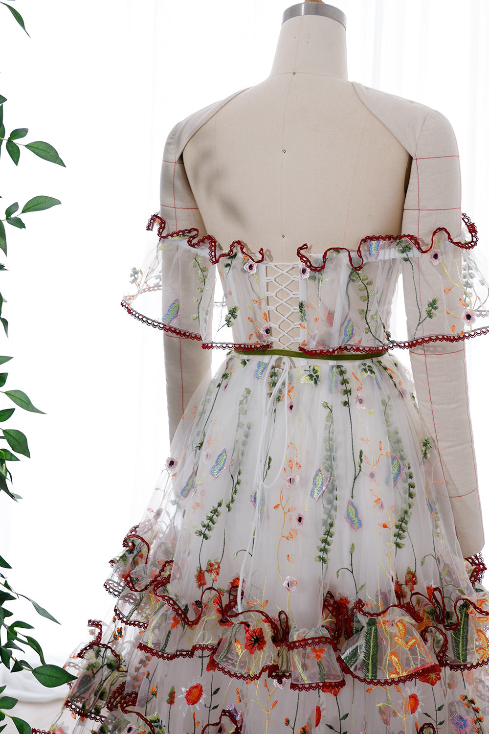 Off the Shoulder Corset Floral Embroidery Tiered Dress