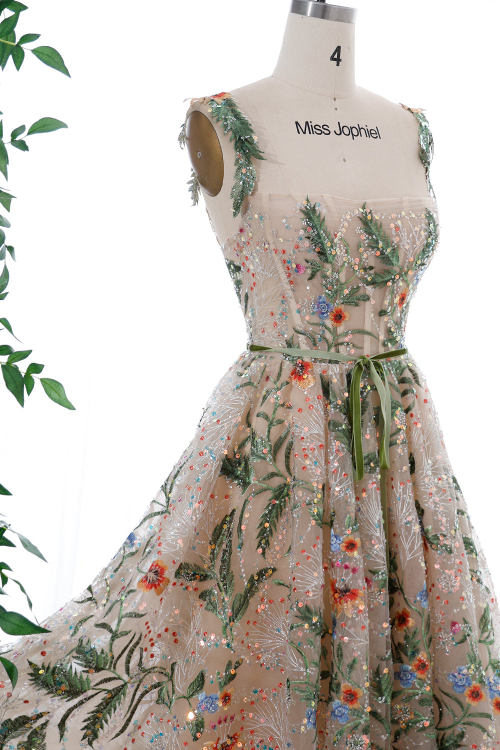 Straps Corset Floral Embroidery Beaded Midi Dress