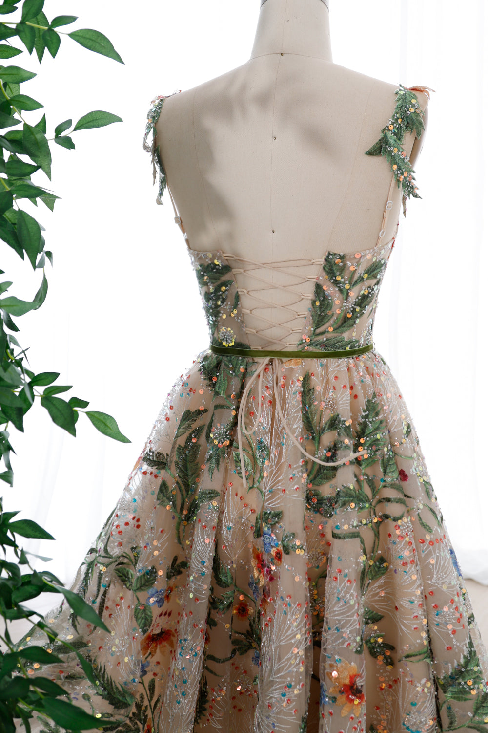 Straps Corset Floral Embroidery Beaded Midi Dress