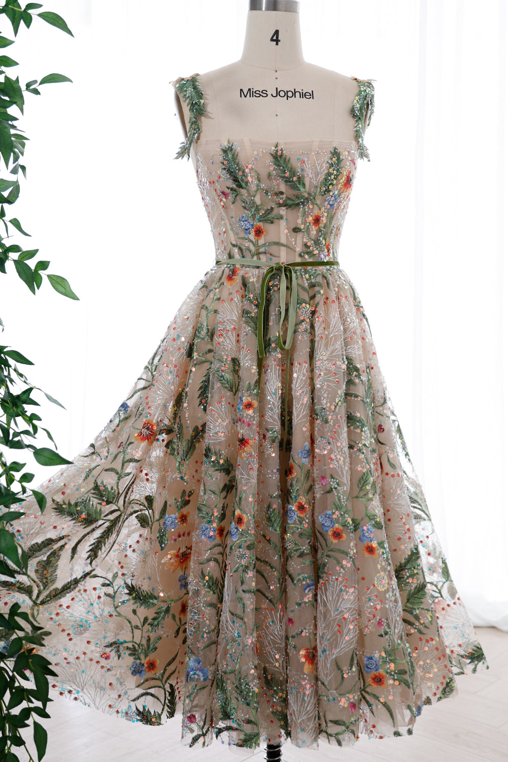 MissJophiel Straps Corset Floral Embroidery Beaded Midi Dress