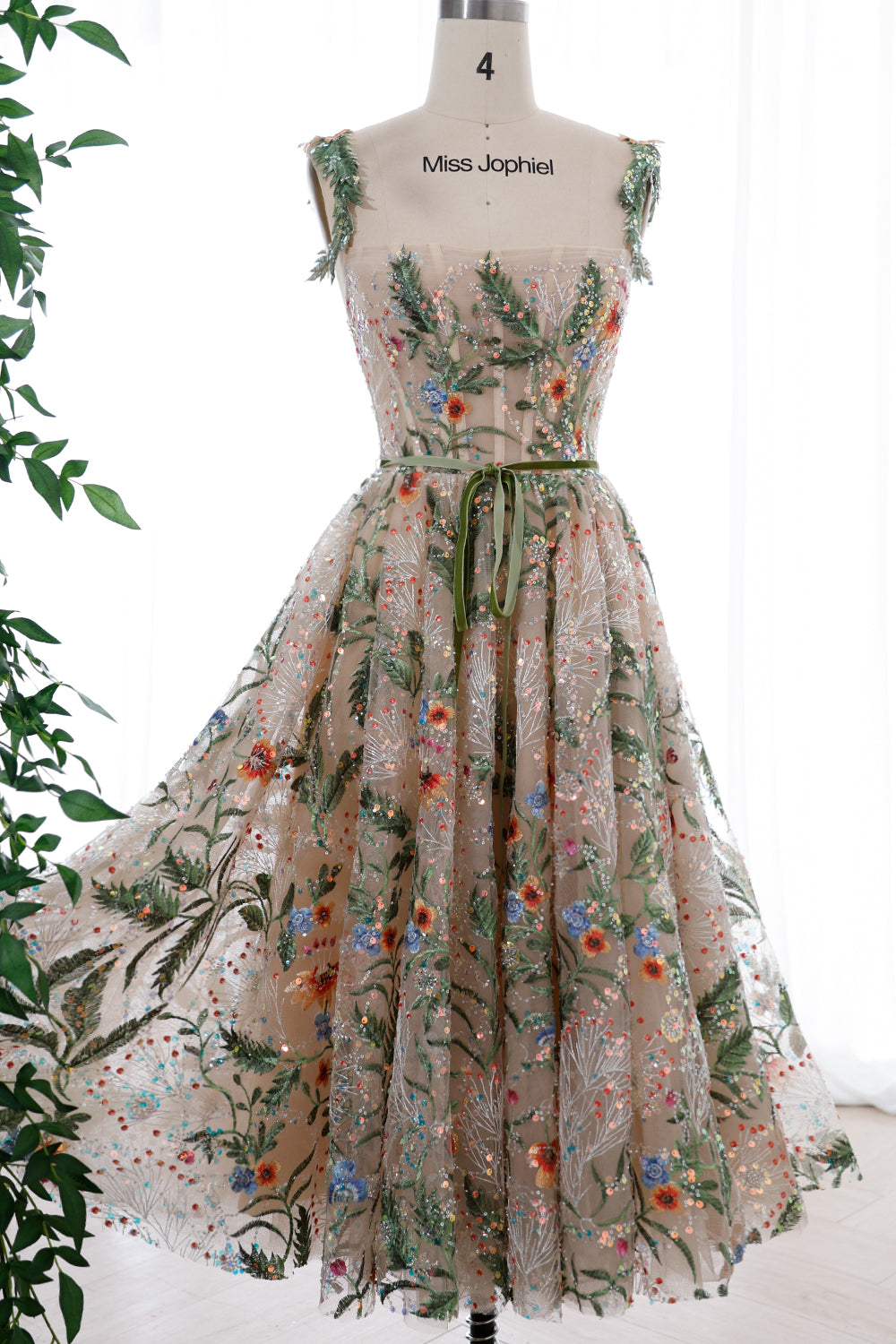 Straps Corset Floral Embroidery Beaded Midi Dress