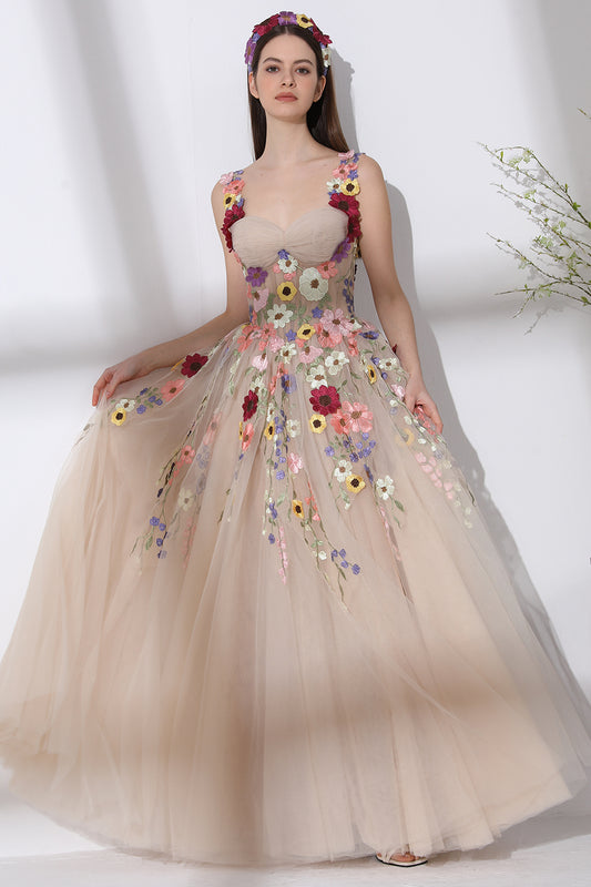 Corset Colorful Floral Embroidery Champagne Tulle Dress with Straps