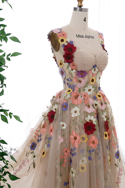 MissJophiel Corset Colorful Floral Embroidery Champagne Tulle Dress with Straps