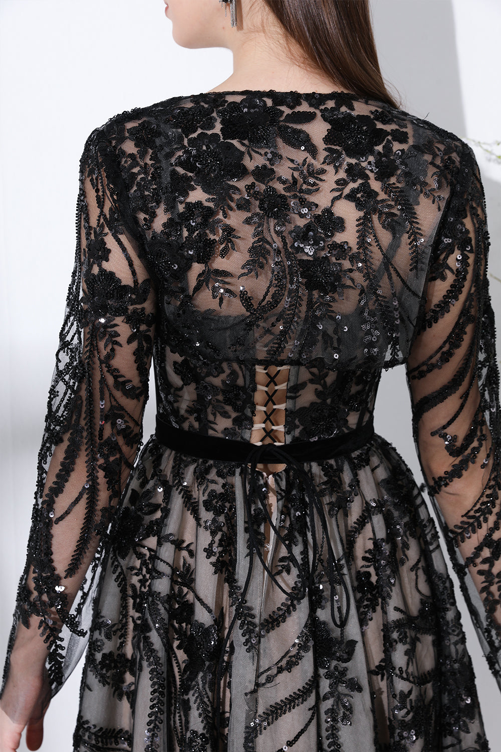 Beaded Corset Artificial Feather Black Dress with Tie Straps