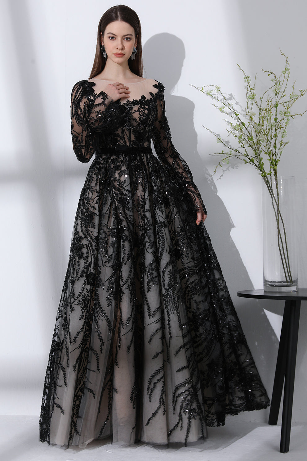 MissJophiel Long Sleeves Corset Floral Embroidery Beaded Dress
