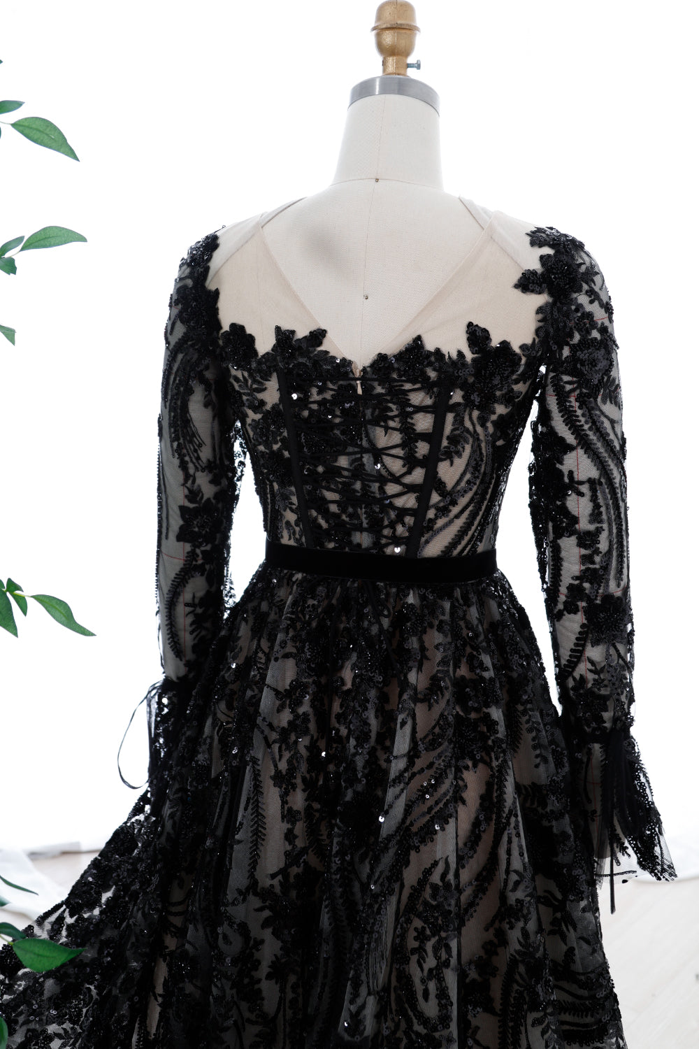 Long Sleeves Corset Floral Embroidery Beaded Dress