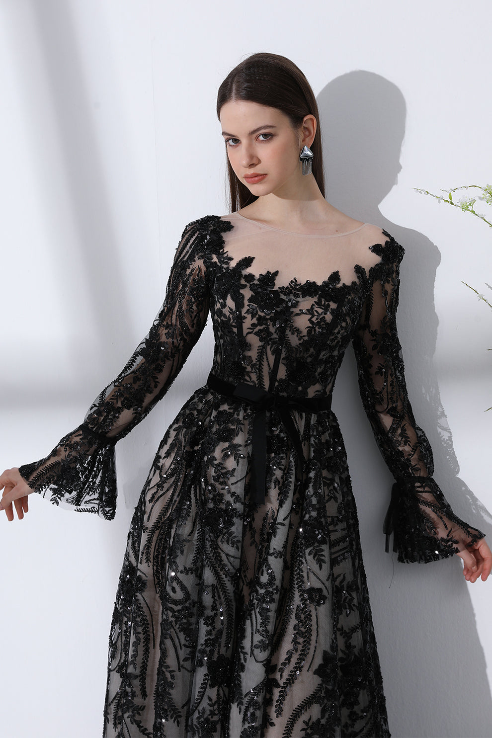 MissJophiel Long Sleeves Corset Floral Embroidery Beaded Dress