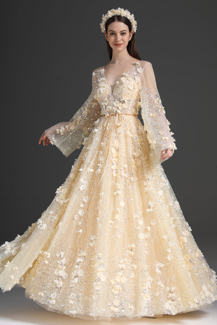 A-line Beaded V-neck Pleated Corset Dress With Slit Marigold main image 1