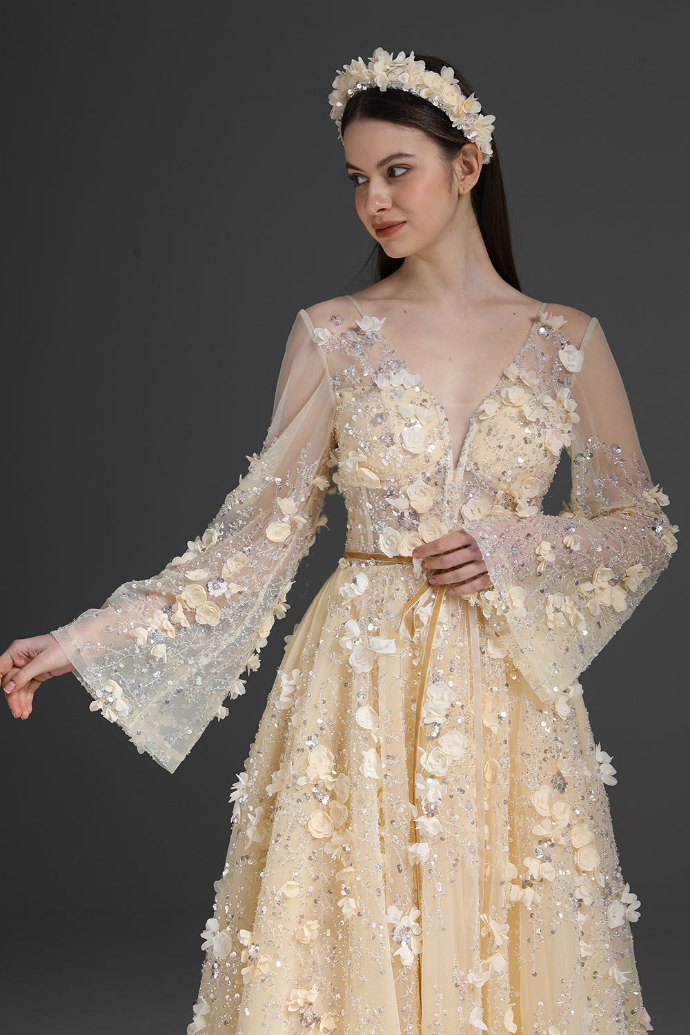 floral beaded corset long dress Cinderella Divine CD295