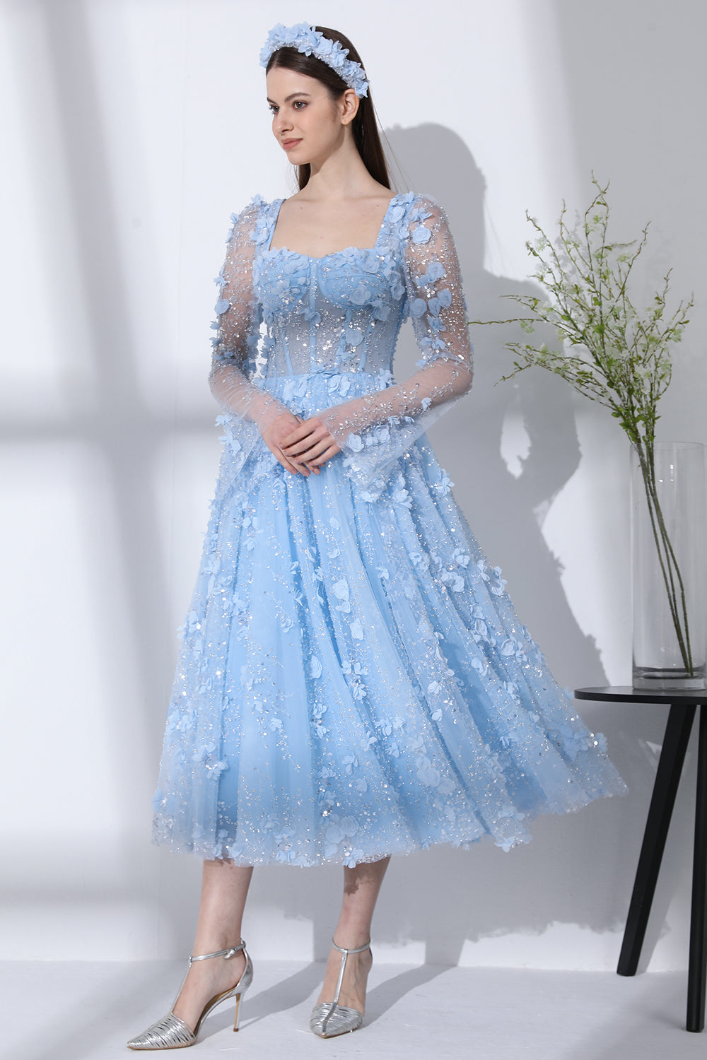 MissJophiel Long Sleeves Corset Sky Blue 3D Floral Beaded Dress