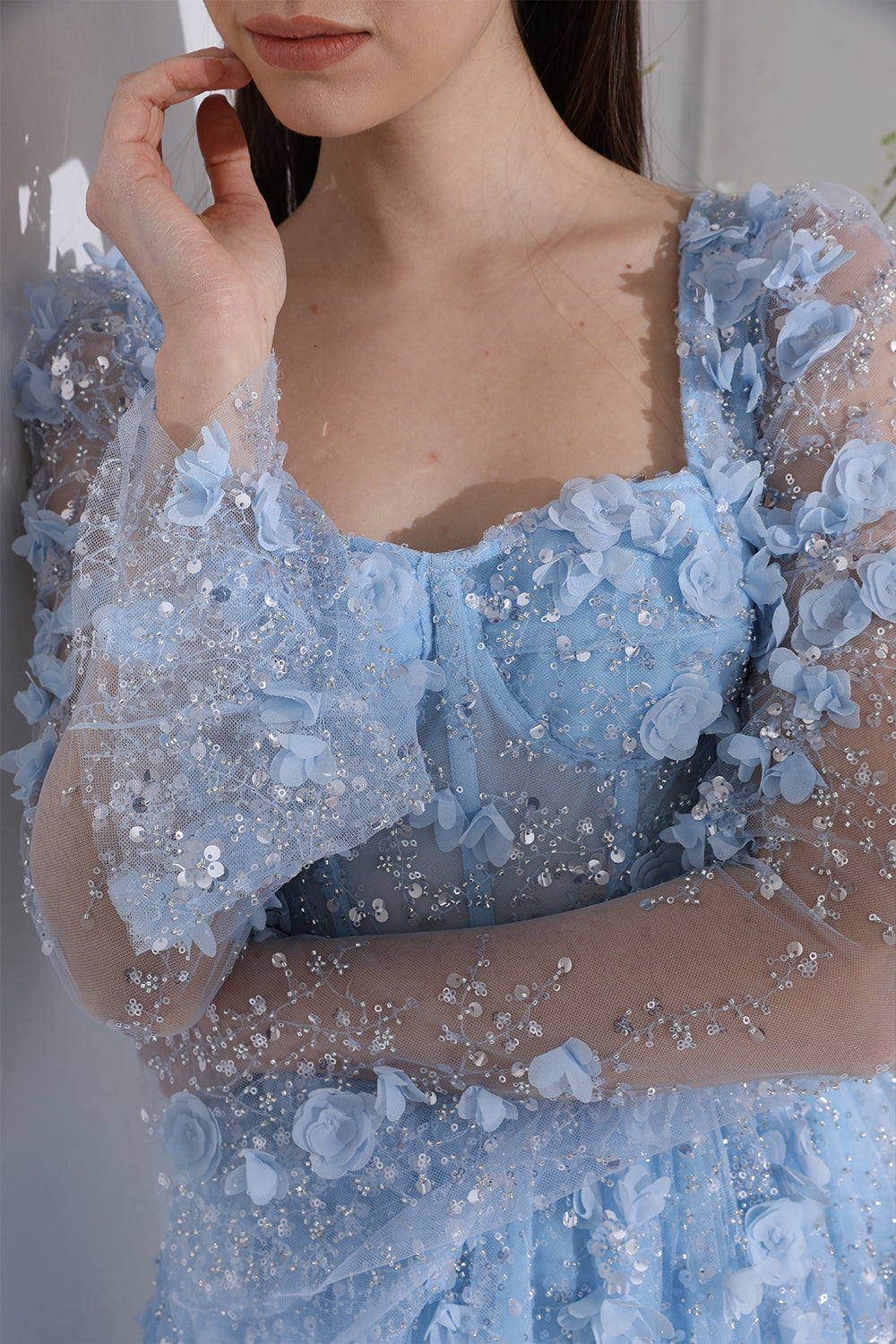 MissJophiel Long Sleeves Corset Sky Blue 3D Floral Beaded Dress
