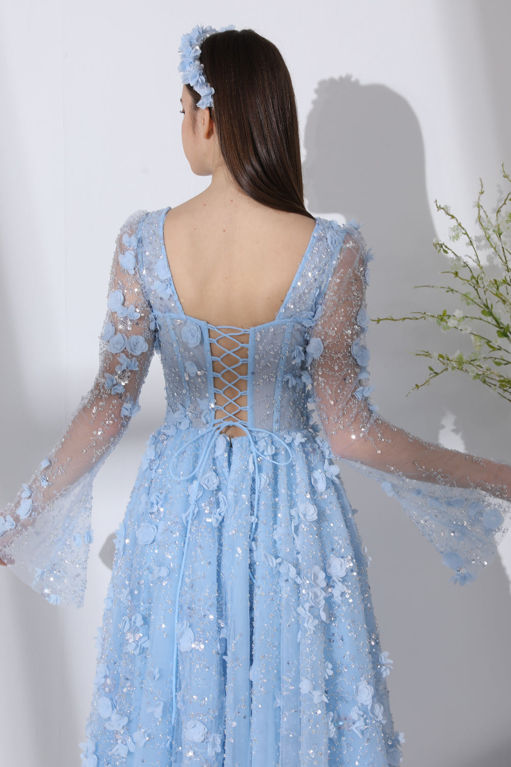 Long Sleeves Corset V Neck Floral Beaded Dress